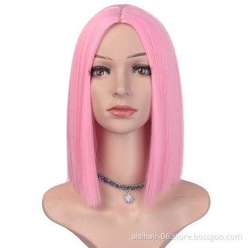 150 Length Hair Heat Resistant Wig For Black Women Pink Short Straight Bob Synthetic Middle Part Shoulder Hair Wigs